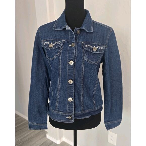 Vintage 90s Embroidered Country Cottage Medium Blue Denim Jacket Womens Sz PM - Picture 5 of 11
